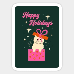 Happy Holidays! Cute white cat with bow illustration. Xmas art gift idea Sticker